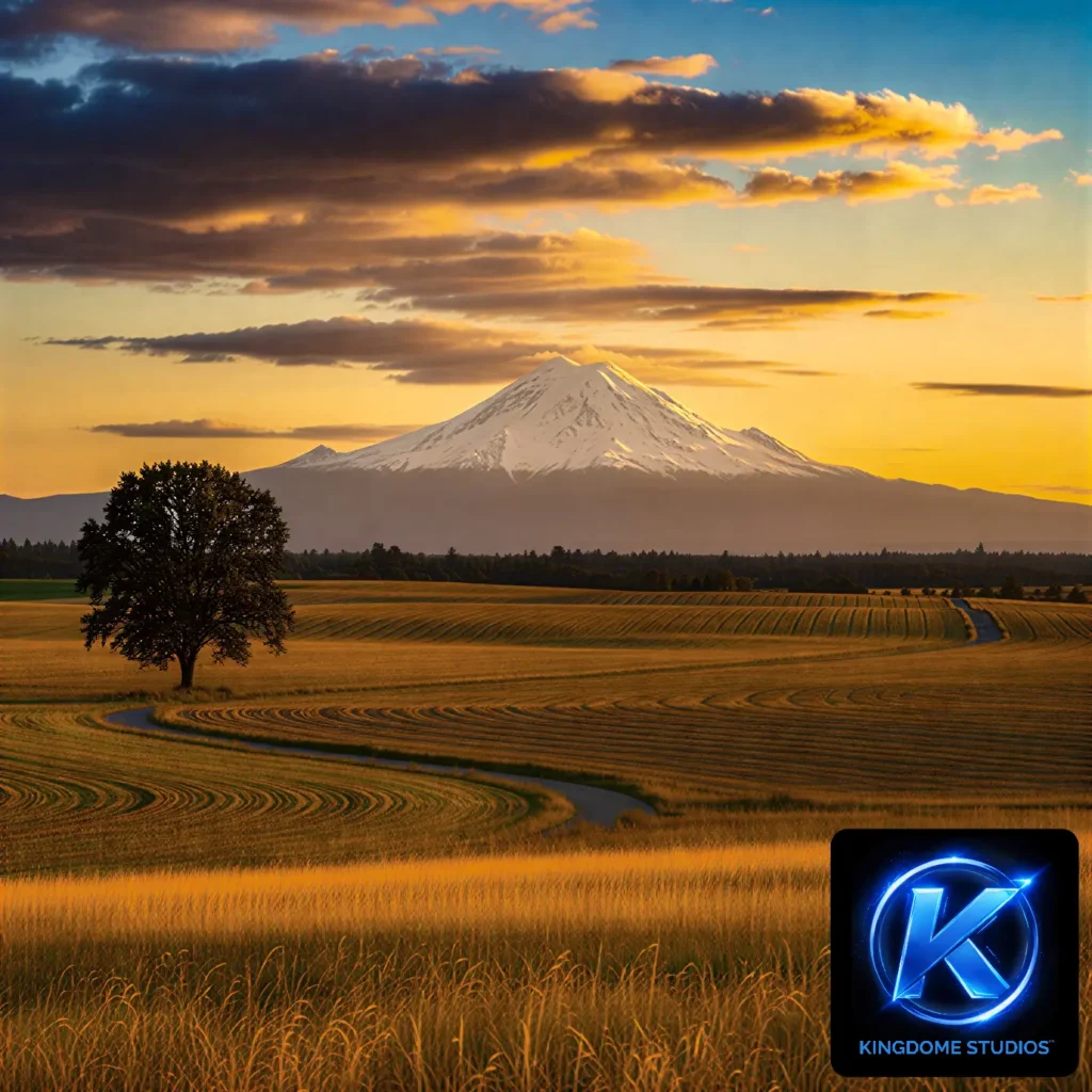 Scenic golden hour view of snow-capped Mt. Baker and rolling green fields from Abbotsford, BC, capturing local beauty for high-quality web design Abbotsford branding and digital projects