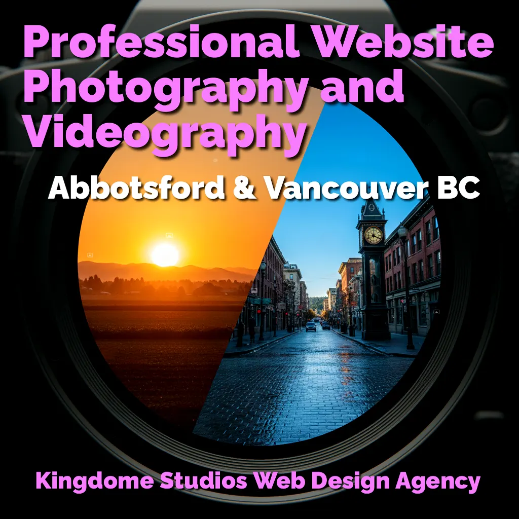 Website Photography Videography Abbotsford Vancouver BC. Camera lens shows a split view a sunrise over Abbotsford and blue sky over Vancouver streets. Kingdom Studios Web Design