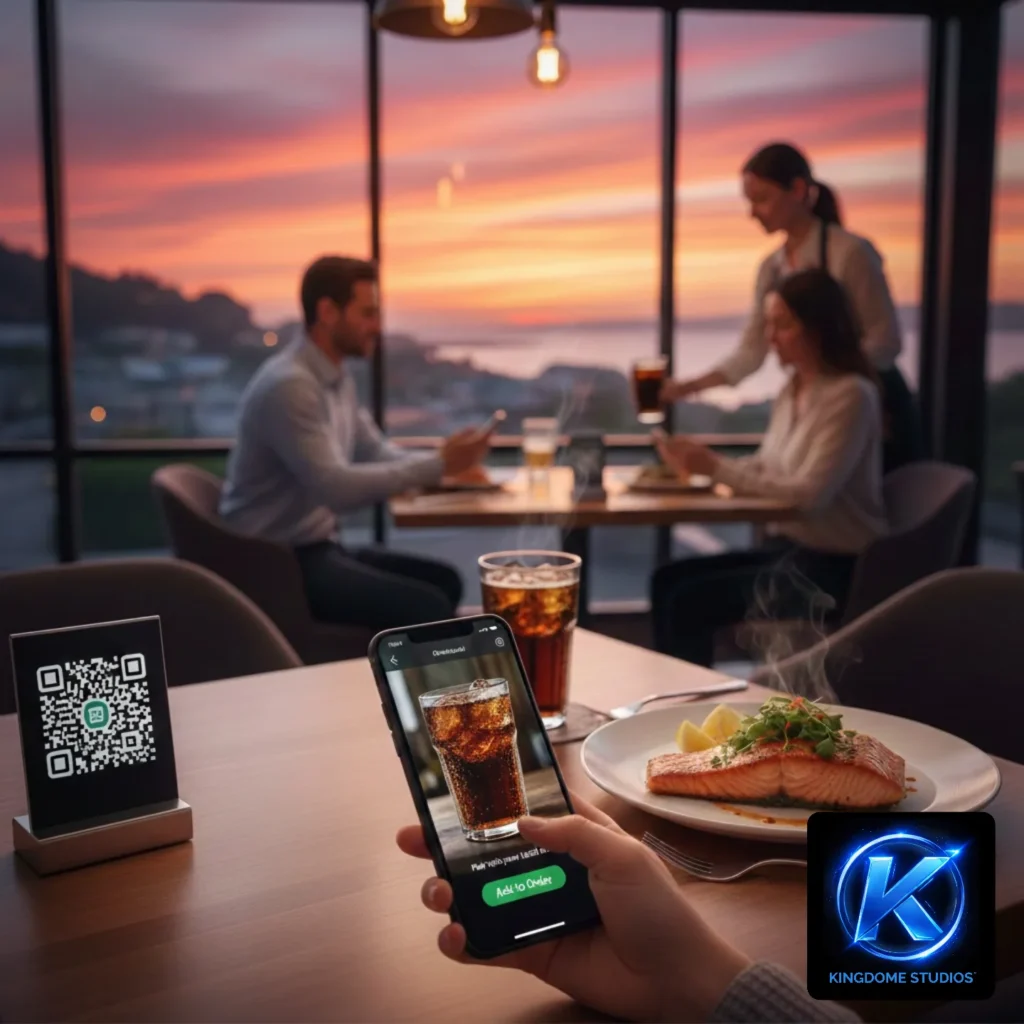 a customer scanning a qr code in a busy Comox BC restaurant by the best restaurant website design company in comox bc