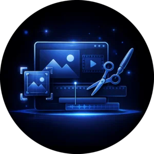 A glowing blue icon for a web design Abbotsford photography and videography editing service, featuring a digital interface with a photo, video reel, scissors, and audio waveform tools