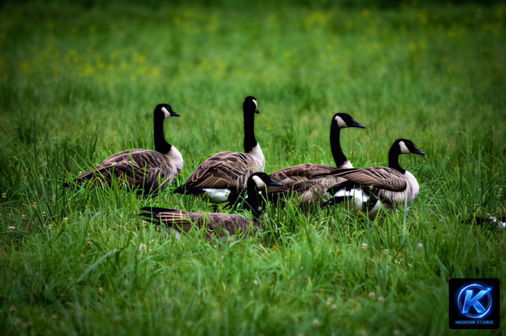A group of Canada geese resting and grazing in a lush green field with soft natural lighting, by the Best Website Photography and Videography Abbotsford BC by Kingdome Studios