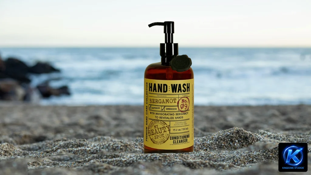 A lifestyle shot of Bergamot hand wash on a sandy beach with a blurred ocean background. Professional work by the Best Product Photography in Abbotsford BC for premium skincare brands scaled