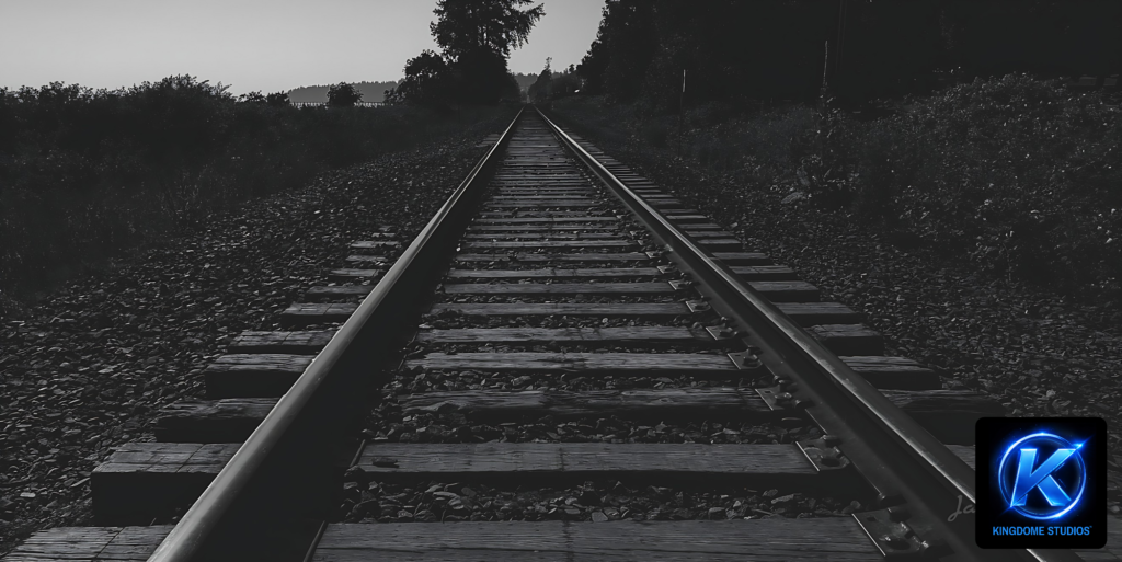 A striking B&W photo of train tracks receding into a misty horizon, featuring Best Website Photography and Videography Abbotsford BC by KingdomeStudios.com, captured at a low angle