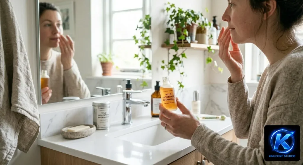 A woman applies skincare in a marble bathroom, captured by The Best Lifestyle Product Photographer in Abbotsford BC to showcase Wild Mountain Botanicals in a natural, bright setting