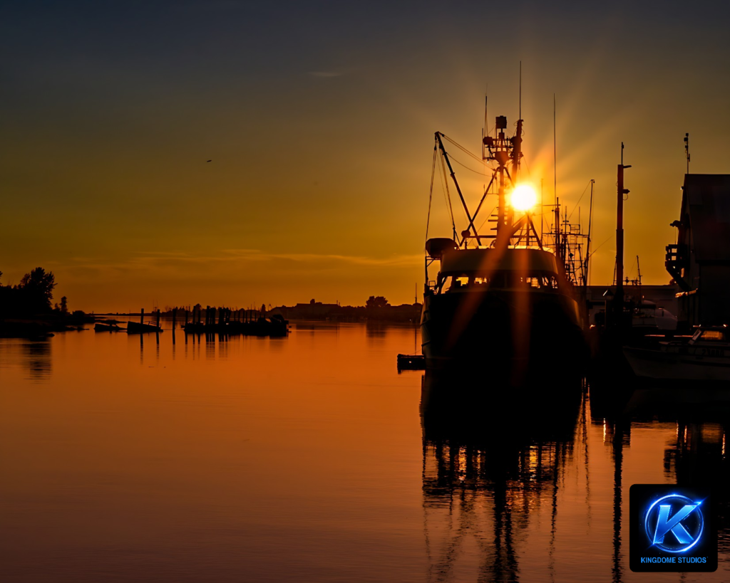Fishing boat silhouette in a calm, golden sunset harbor with sunflare and reflections, displaying Best Website Photography and Videography Abbotsford BC by KingdomeStudios.com