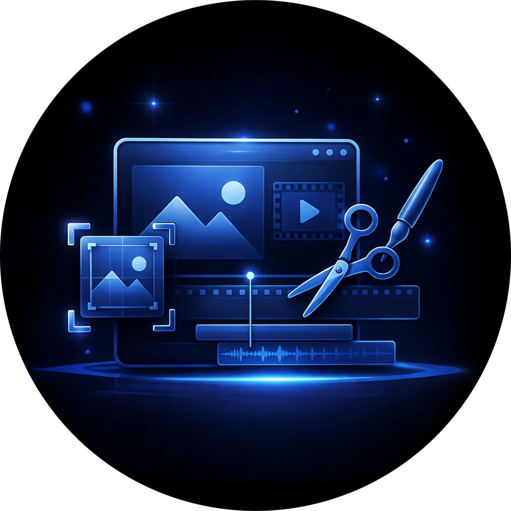 Glowing blue icon for a Full-Service Web Design Agency professional photography and videography editing service, featuring a laptop screen, film reel, scissors, and audio waveform