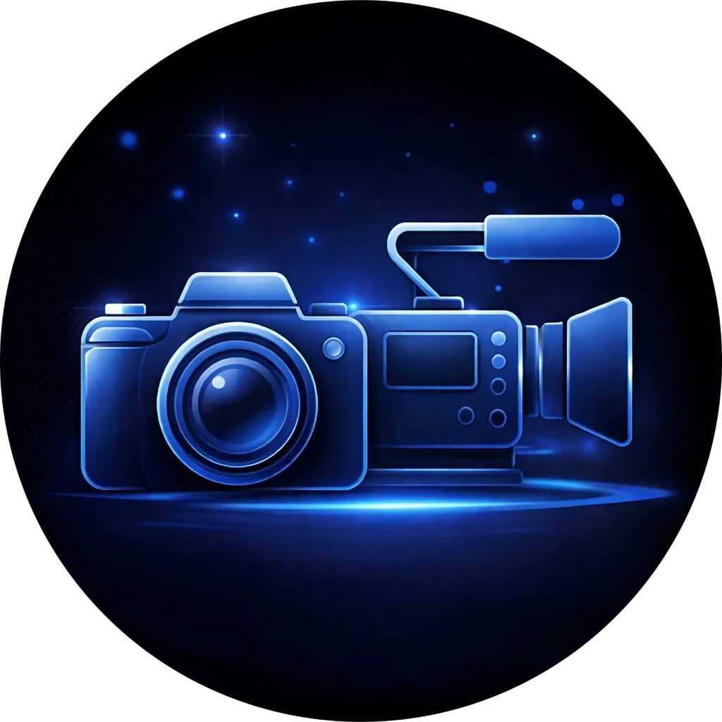 Glowing blue icon for a web design Abbotsford professional photography and videography service, featuring a DSLR and video camera against a dark, starry background with light reflections