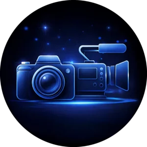 Glowing blue icon for a web design Abbotsford professional photography and videography service, featuring a DSLR and video camera against a dark, starry background with light reflections