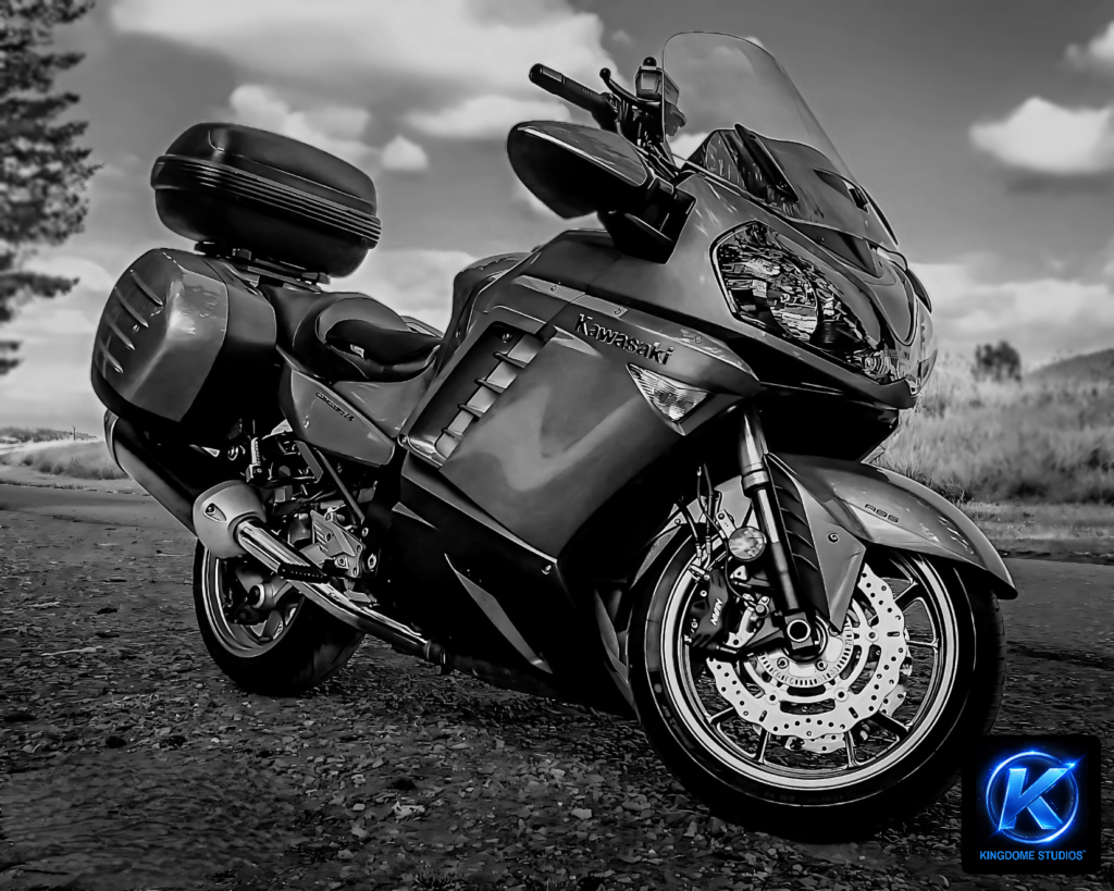 Kawasaki Concours 14 in black and white on a gravel road, featuring Best Website Photography and Videography Abbotsford BC by KingdomeStudios.com, captured under a dramatic cloudy sky