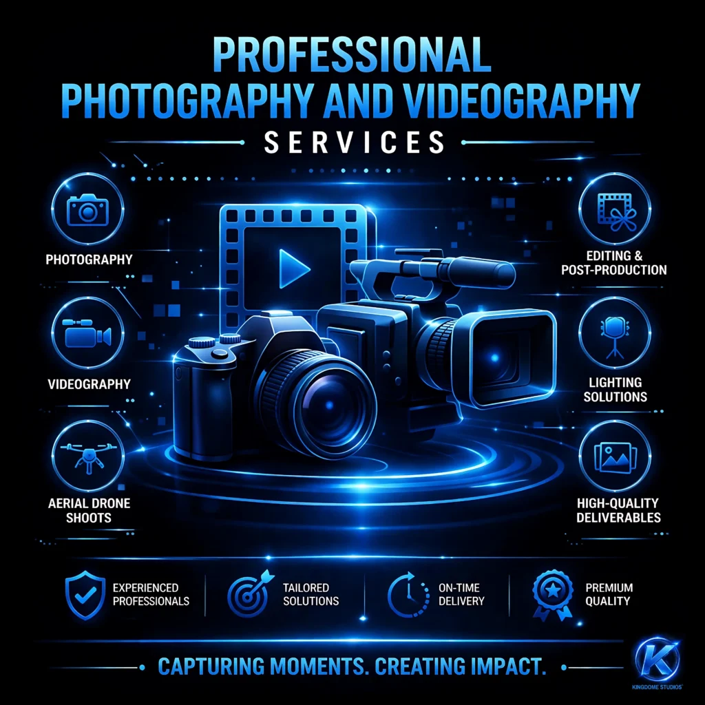 Neon infographic for a Full-Service Web Design Agency highlighting Professional Photography and Videography Services, including aerial drone shoots, post-production, and lighting for Web Design Abbotsford clients