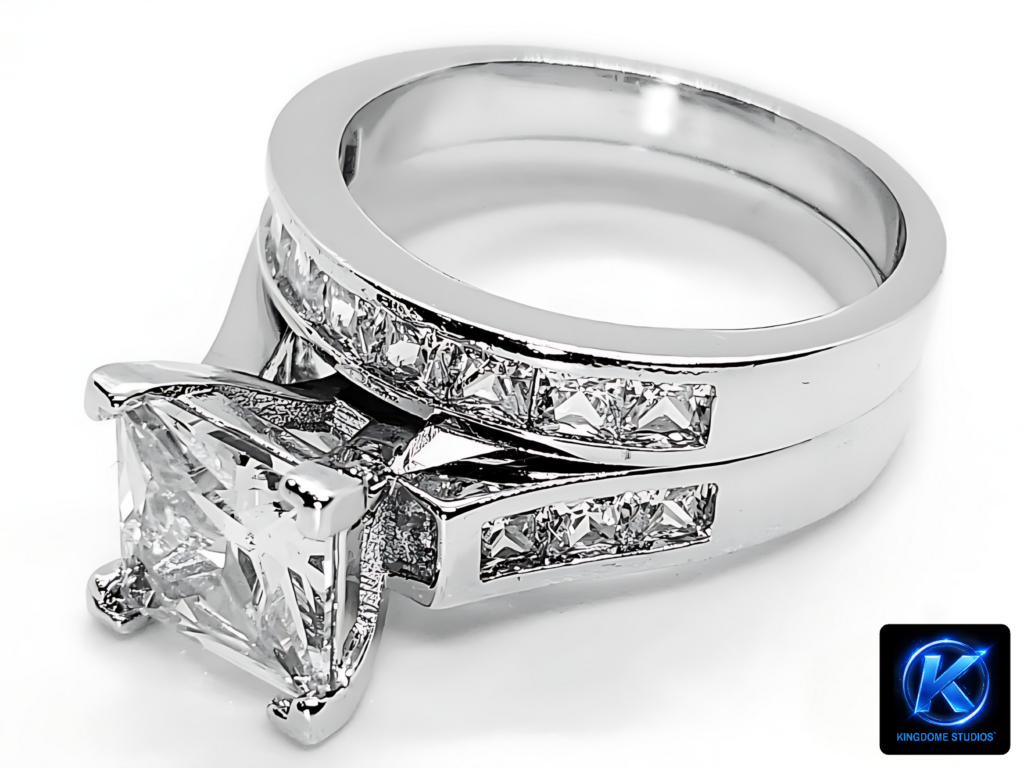 Photograph of a sparkling white gold princess-cut diamond ring and channel-set band set, on a clean white background Best Website Photography and Videography Abbotsford BC by KingdomeStudios.com
