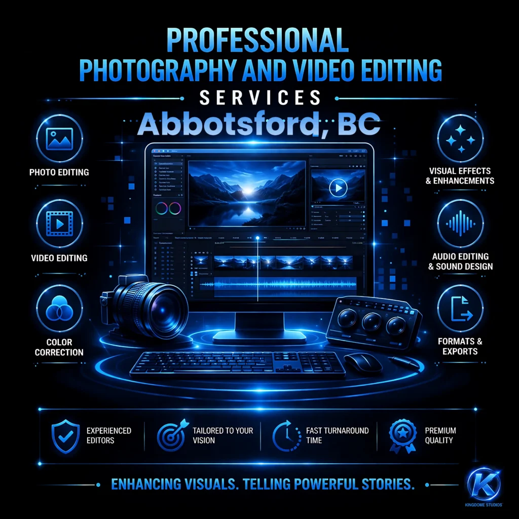 Professional photography and video editing services for Web Design Abbotsford. Neon blue graphic featuring photo editing, color correction, and sound design by Kingdome Studios in BC