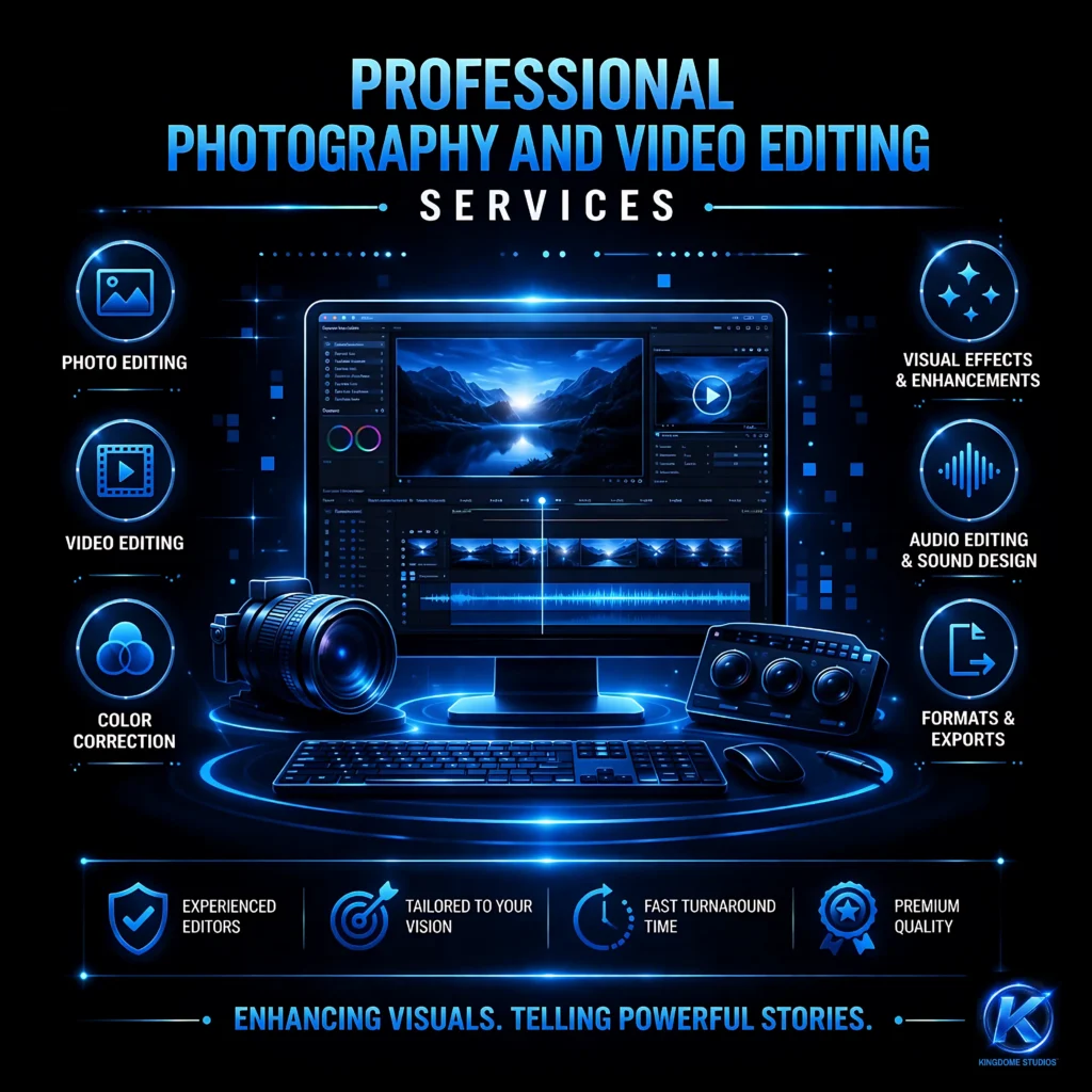 Professional photography and video editing services from a Full-Service Web Design Agency. Infographic covers color correction, VFX, and sound design by Kingdome Studios