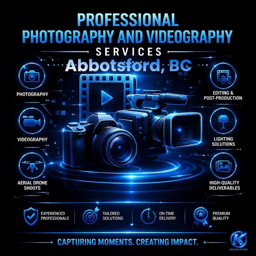 Professional photography and videography services for Web Design Abbotsford. Neon blue graphic featuring cameras, drone shoots, and editing by Kingdome Studios in Abbotsford, BC