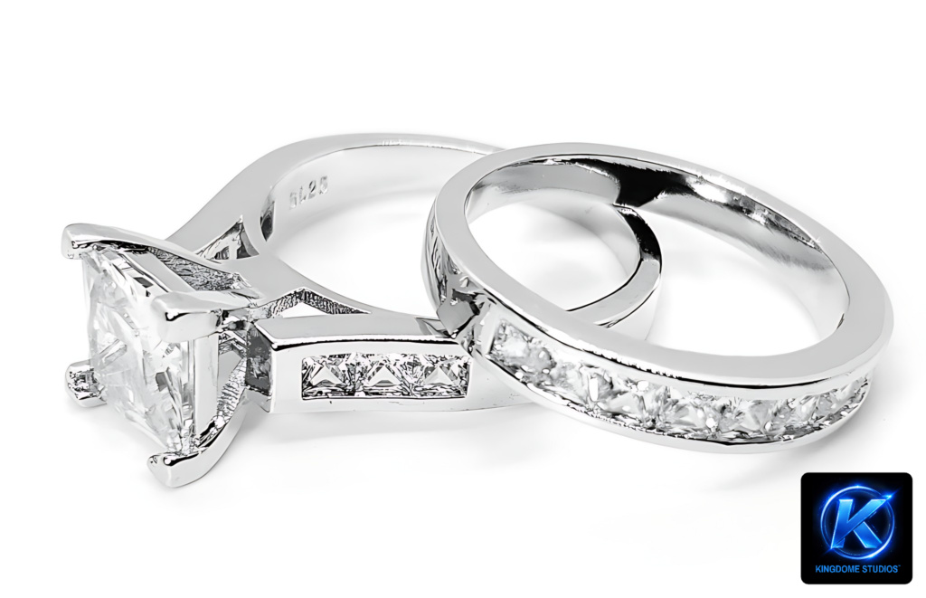 Silver princess-cut diamond engagement ring and full diamond eternity band set on white, showcasing Best Website Photography and Videography Abbotsford BC by KingdomeStudios.com