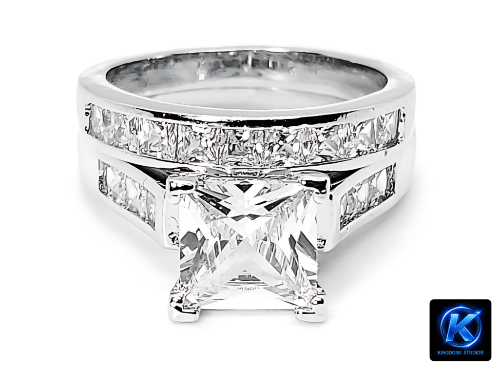 Sparkling close-up of a white gold princess-cut diamond ring and channel-set band set on white, showcasing_ Best Website Photography and Videography Abbotsford BC by KingdomeStudios.com