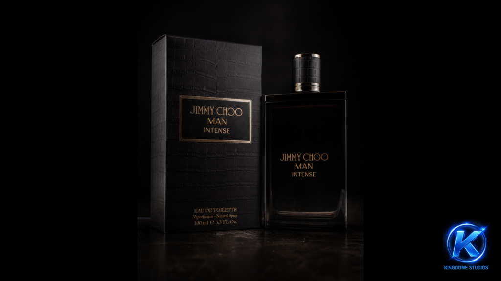 A black 'Jimmy Choo Man Intense' cologne bottle with a reptile-texture box, shot with a cinematic dark background. The work of The Best Product Packaging and Branding Photographer in Abbotsford BC