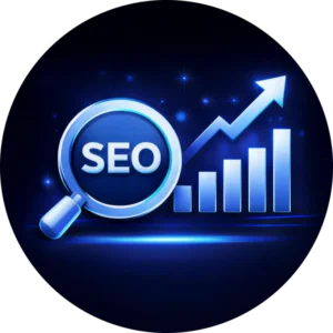 A glowing blue magnifying glass with SEO text over a rising bar graph, representing the expert search engine optimization of the best website design company in Abbotsford BC
