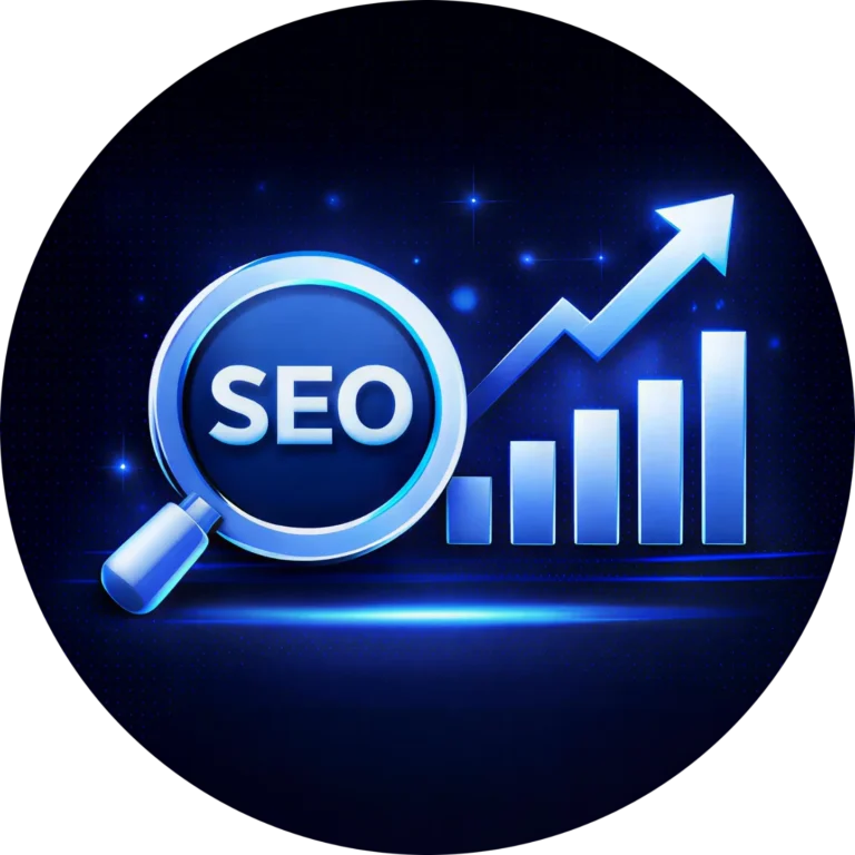 A glowing blue magnifying glass with SEO text over a rising bar graph, representing the expert search engine optimization of the best website design company in Abbotsford BC
