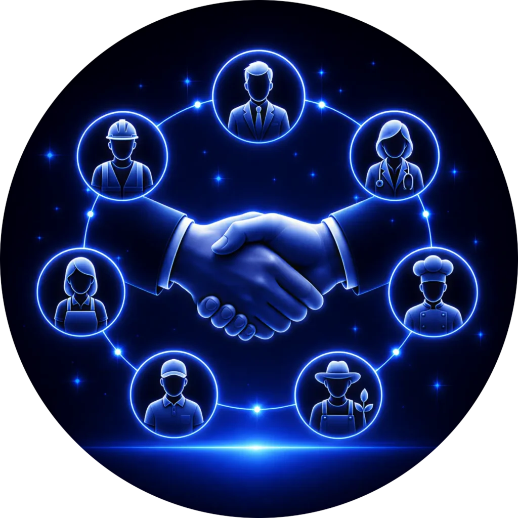 A glowing blue neon handshake surrounded by a network of diverse professional icons, showcasing the local business partnerships at Kingdome Studios, a Website Design Company in Abbotsford BC