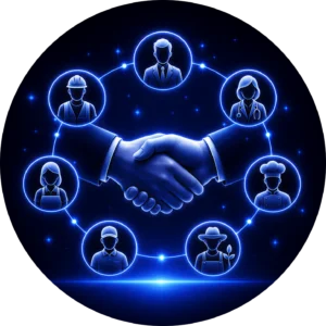 A glowing blue neon handshake surrounded by a network of diverse professional icons, showcasing the local business partnerships at Kingdome Studios, a Website Design Company in Abbotsford BC