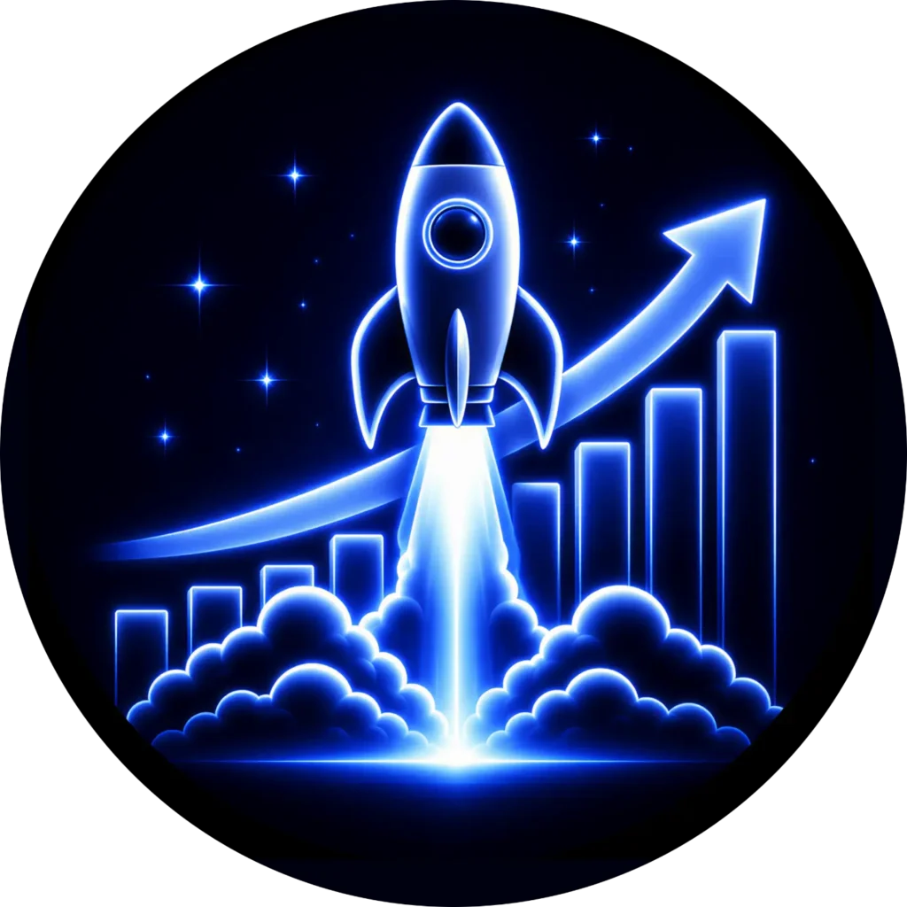 A glowing blue neon rocket ship launching over an upward growth bar chart representing the high performance results of a premier Website Design Company in Abbotsford BC for Kingdome Studios