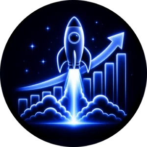 A glowing blue neon rocket ship launching over an upward growth bar chart representing the high performance results of a premier Website Design Company in Abbotsford BC for Kingdome Studios
