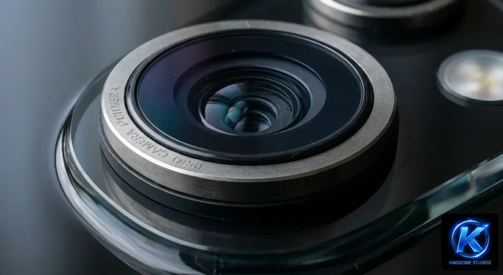 A high-resolution macro shot showcasing the complex lens optics and metallic ring of a professional smartphone camera, by The Best Macro Product Photographer in Abbotsford BC