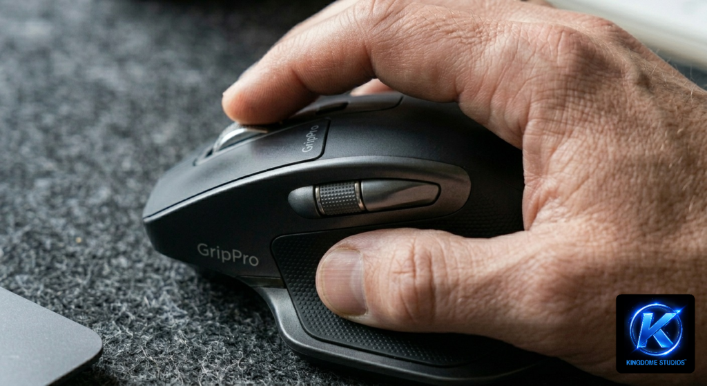 A man's hand grips a high quality GripPro mouse, highlighting ergonomic design and expert product photography in Abbotsford, BC. Shot by The Best Social Media Content Product Photographer
