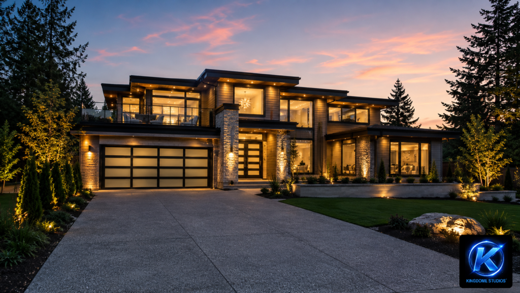 A modern luxury home at sunset with warm lighting, large glass windows, and a sleek driveway. Architectural photography style captured by The Best Photographer in Abbotsford BC during dusk
