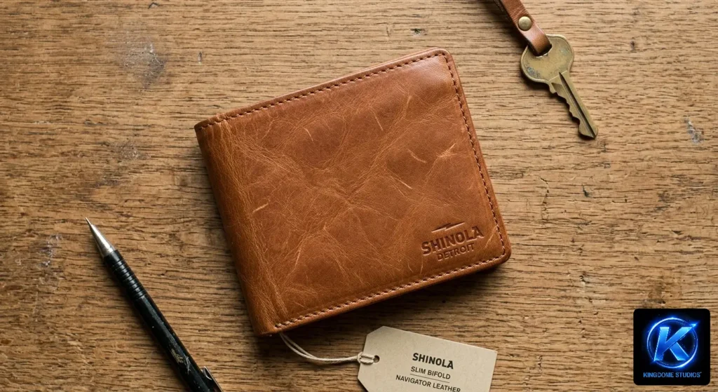 A professional flat lay of a Shinola leather wallet, pen, and brass key on a wood surface, captured by The Best Flat Lay Product Photographer in Abbotsford BC for a premium brand feel