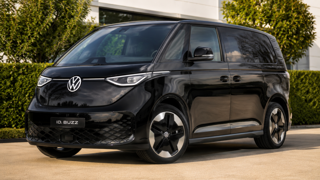 A sleek black Volkswagen ID. Buzz electric van parked outdoors, captured by The Best Photographer in Abbotsford BC to show the vehicle's modern design, gloss finish, and unique wheels