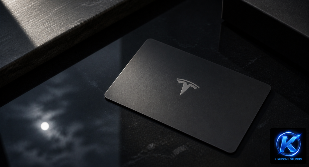 A very elegant minimalist shot of a Tesla key card on polished marble with moon reflection, by The Best The Best Minimalist Shadow & Reflection Product Photographer in Abbotsford BC