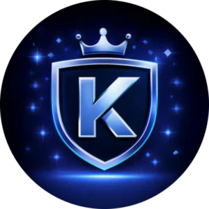 Circular blue icon featuring a glowing Metallic blue shield icon with a crown and central letter K, representing a professional website design company in Abbotsford BC