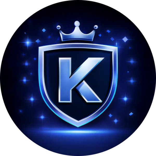 Circular blue icon featuring a glowing Metallic blue shield icon with a crown and central letter K, representing a professional website design company in Abbotsford BC