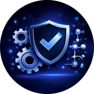 Circular blue icon for Kingdome Studios Glowing blue shield with a checkmark, gears, and data nodes representing the secure foundations of the best website design company in Abbotsford BC