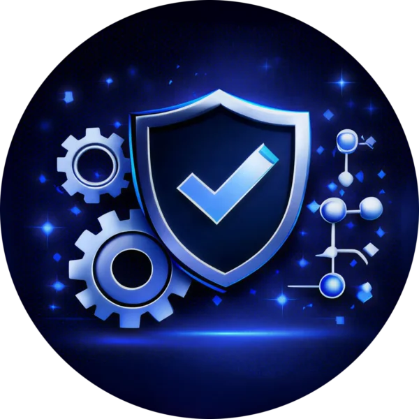 Circular blue icon for Kingdome Studios Glowing blue shield with a checkmark, gears, and data nodes representing the secure foundations of the best website design company in Abbotsford BC