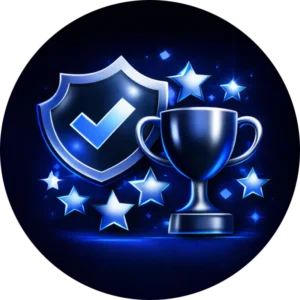 Circular blue icon for Kingdome Studios Polished trophy icon representing a premier website design company in Abbotsford BC and professional media