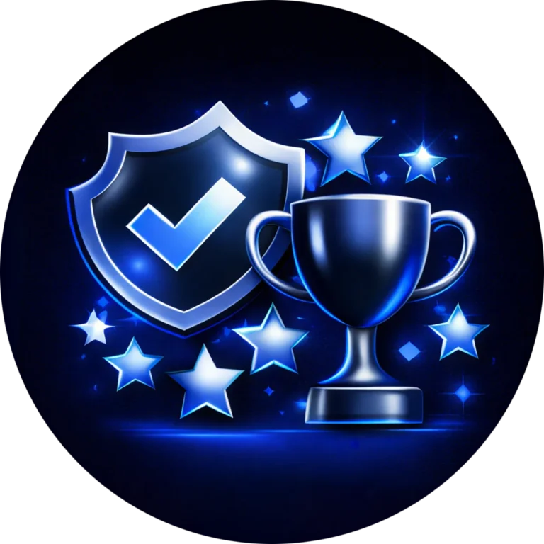 Circular blue icon for Kingdome Studios Polished trophy icon representing a premier website design company in Abbotsford BC and professional media