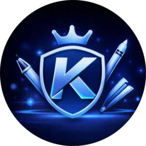 Circular blue icon for branding and logo with the letter K, a crown and drawing tools representing the branding and logo design expertise of the best website design company in Abbotsford BC