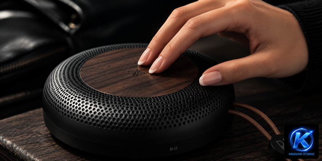 Close-up of a hand with manicured nails touching a wood-top B&O speaker. High-end product shot by The Best Photographer in Abbotsford BC, showcasing elegant textures and sleek design