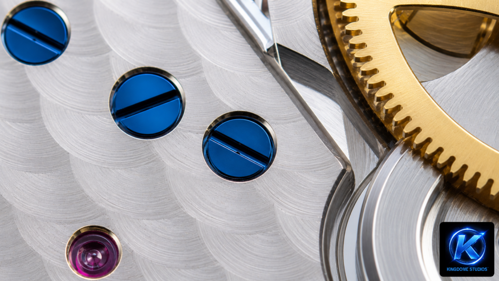 Close-up of a luxury watch movement with blue screws and gold gears, captured by The Best Photographer in Abbotsford BC. The image showcases intricate textures and mechanical precision