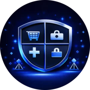 Elegant blue icon with a glowing shield and industry symbols used by a high end website design company in Abbotsford BC for sector specific projects