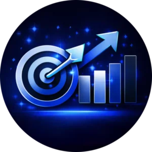 Glowing blue bullseye and rising bar chart icon representing the results-driven strategy of the best website design company in Abbotsford BC and their proven process