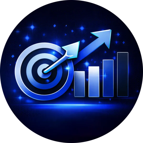 Glowing blue bullseye and rising bar chart icon representing the results-driven strategy of the best website design company in Abbotsford BC and their proven process