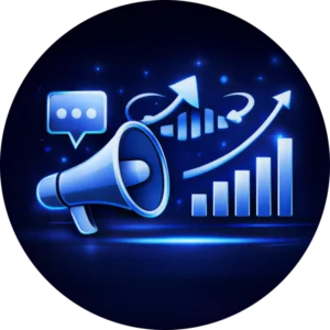 Glowing blue megaphone and rising growth charts representing the elite digital marketing services and strategy of the best website design company in Abbotsford BC