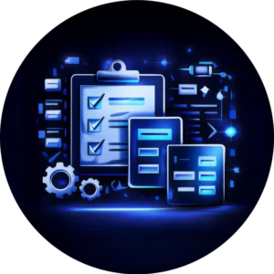 Kingdome Studios icon for a website design company in Abbotsford BC, featuring a glowing blue 3D graphic of project checklists and gears representing premium digital growth
