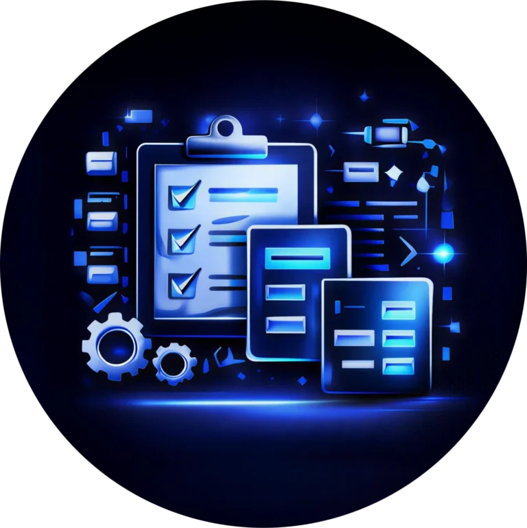Kingdome Studios icon for a website design company in Abbotsford BC, featuring a glowing blue 3D graphic of project checklists and gears representing premium digital growth