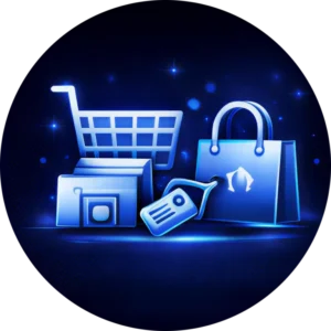 Polished metallic blue shopping cart icon with bags, illustrating the high-quality e-commerce and retail design of a leading website design company in Abbotsford BC