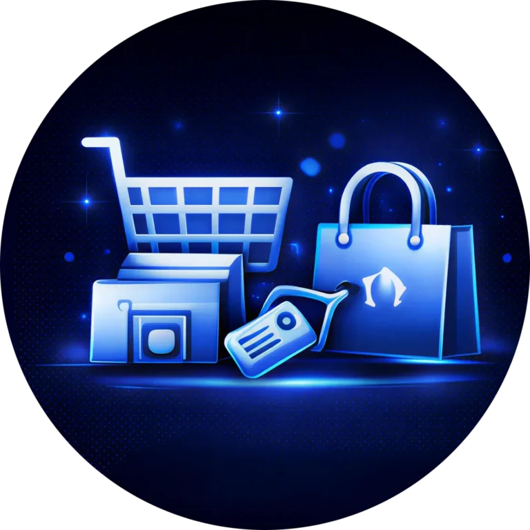 Polished metallic blue shopping cart icon with bags, illustrating the high-quality e-commerce and retail design of a leading website design company in Abbotsford BC